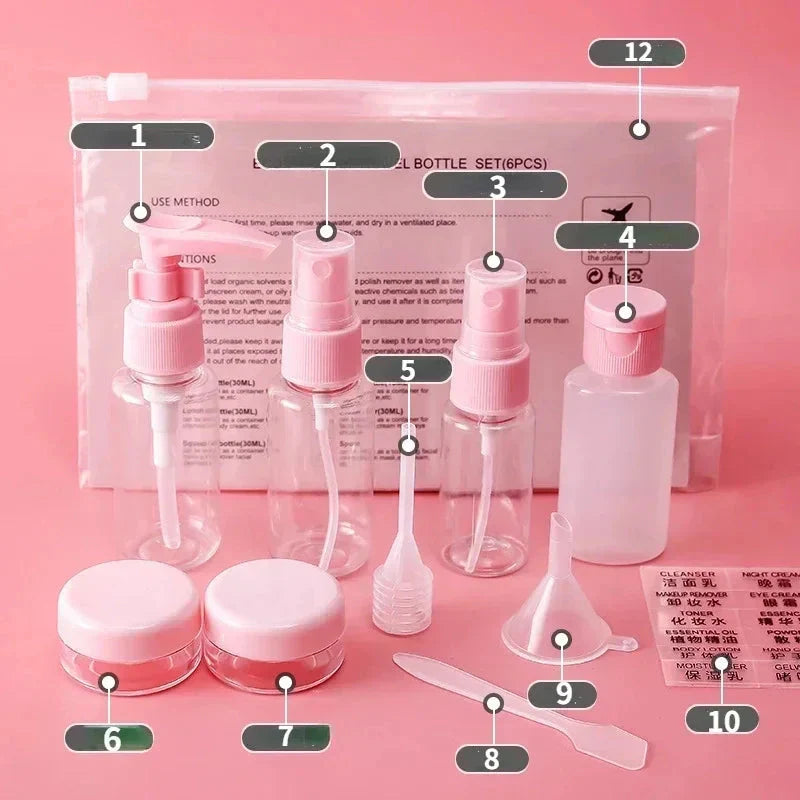 Trousse transparente contenant des bouteilles et accessoires