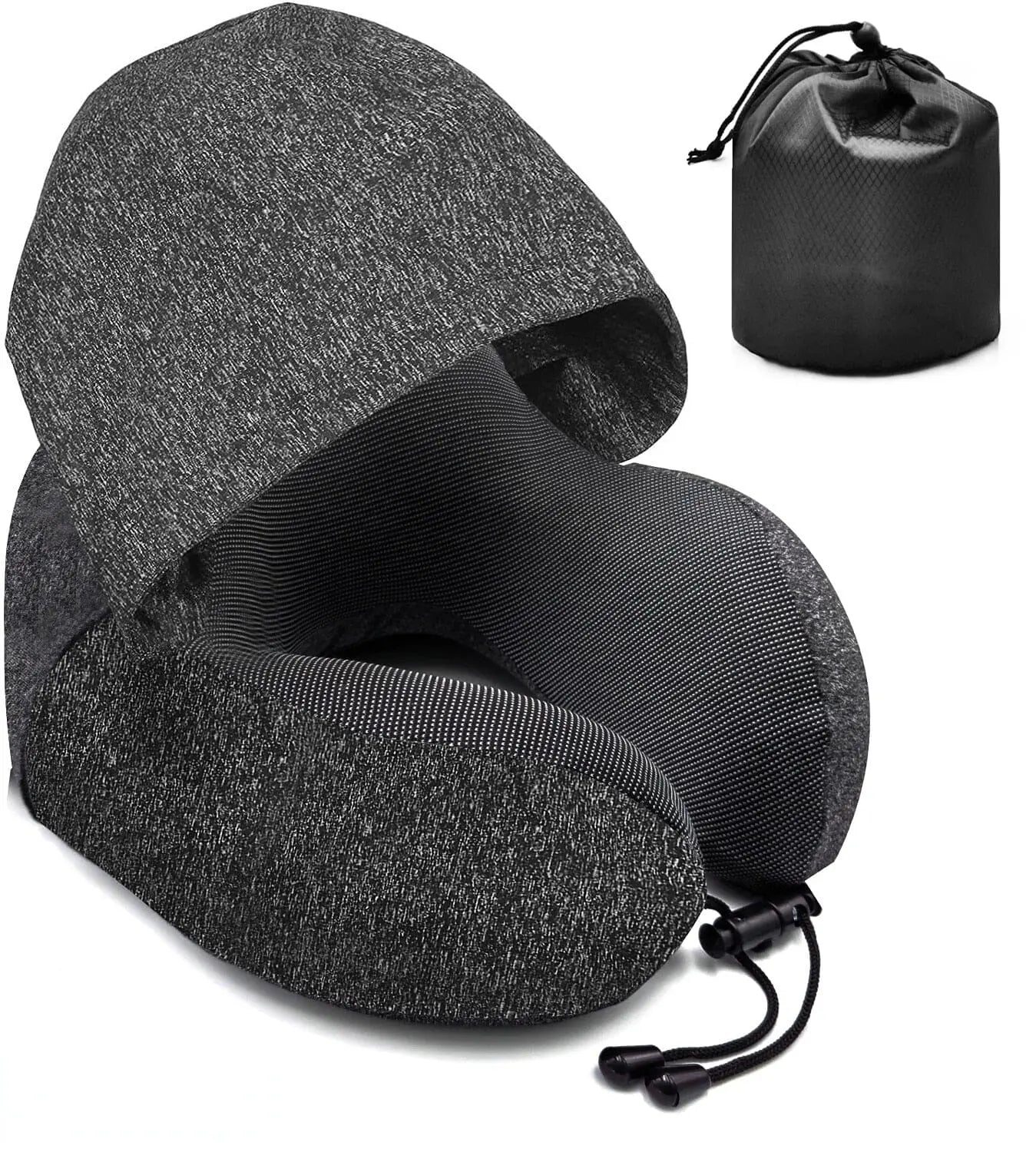 Oreiller de voyage noir avec capuche en velours doux