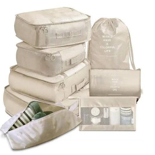 Set de 8 organisateurs de valise beige en nylon imperméable