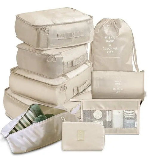 Ensemble de neuf pochettes de rangement beige en nylon imperméable