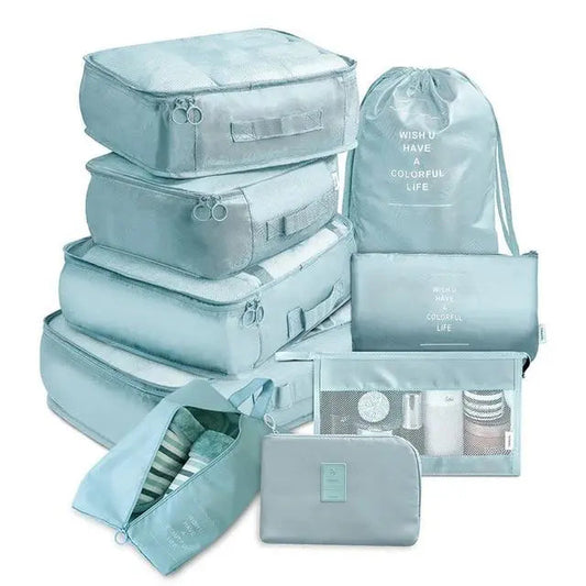 Set de 9 organisateurs de valise bleu ciel en nylon imperméable