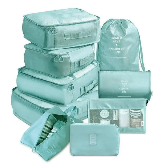 Set de neuf pochettes turquoise pour organiser une valise