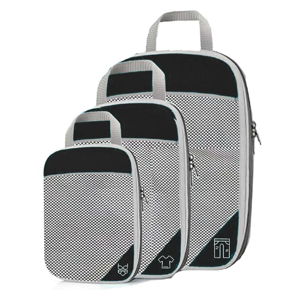 Organisateurs noirs pour valise, vue sur les trois tailles disponibles