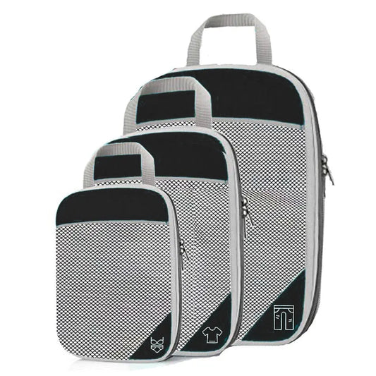 Organisateurs noirs pour valise, vue sur les trois tailles disponibles