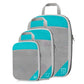 Organisateurs de valise turquoise, vue d'ensemble sur trois tailles