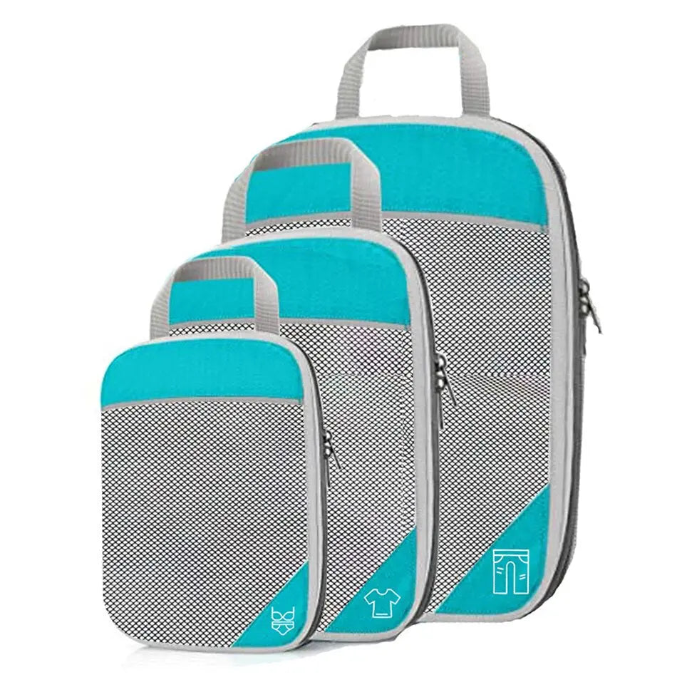 Organisateurs de valise turquoise, vue d'ensemble sur trois tailles
