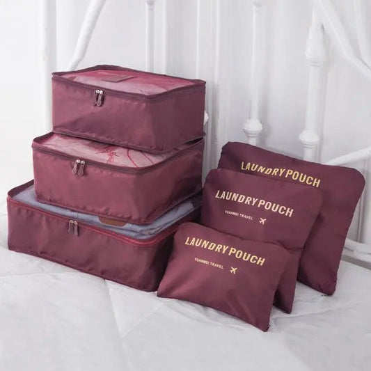 Set de six pochettes de voyage bordeaux en nylon imperméable