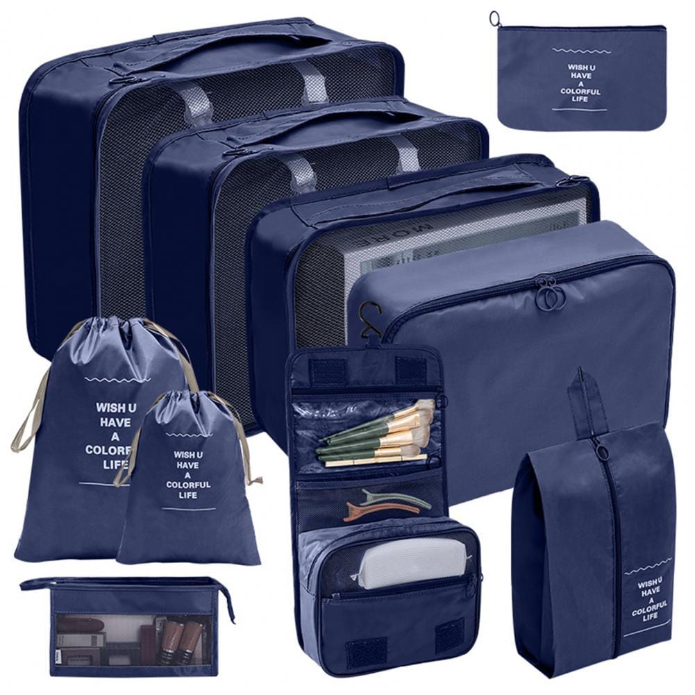 Ensemble de 10 organiseurs de valise bleu marine sur fond blanc
