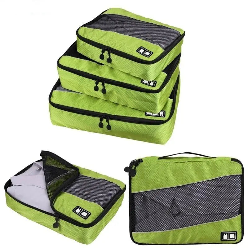 Trois organisateurs de valise verts avec dessus en mesh