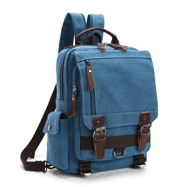 Sac à dos bleu ciel, tissu rétro, vue de profil