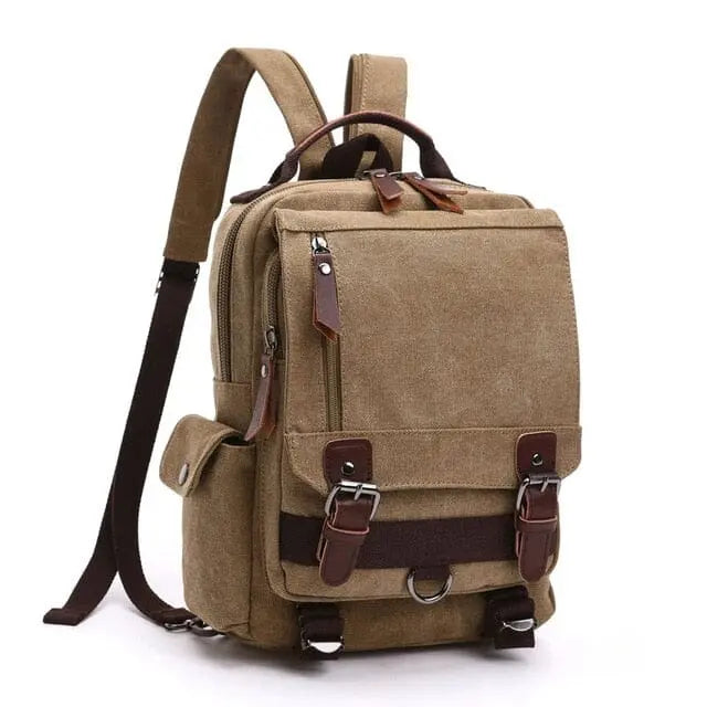 Sac à dos vintage camel, compartiments multiples visibles
