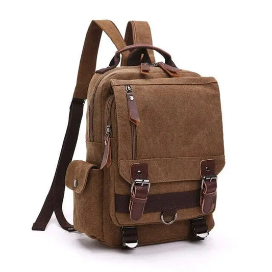 Sac à dos marron vintage, vue d'ensemble, tissu résistant