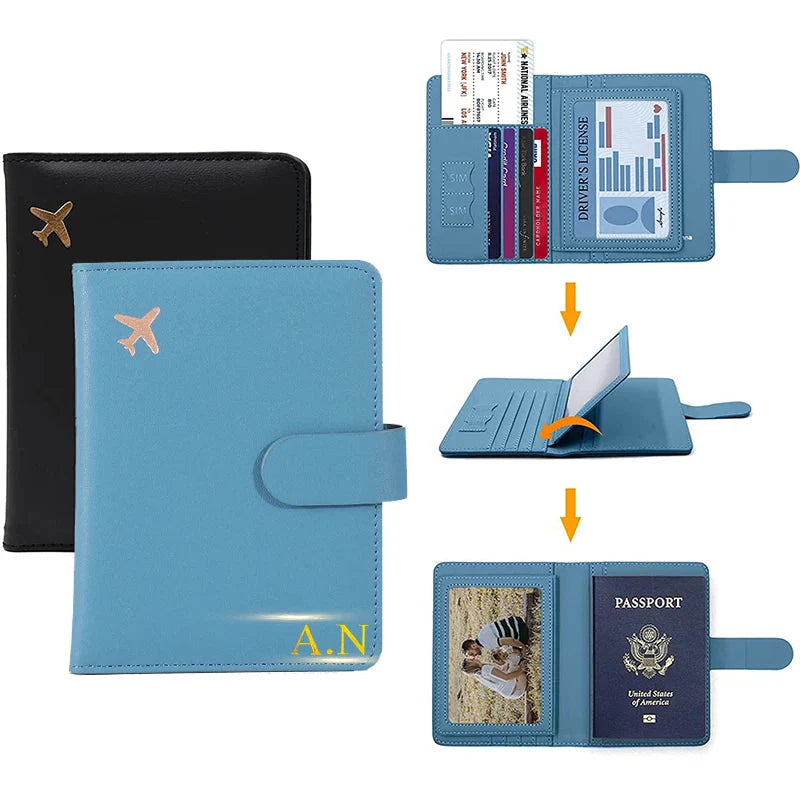 Pochette passeport personnalisable avec initiales dorées visibles