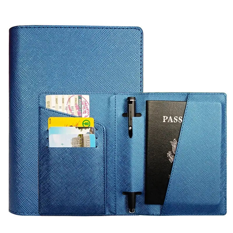 Portefeuille bleu avec espace pour passeport et stylo