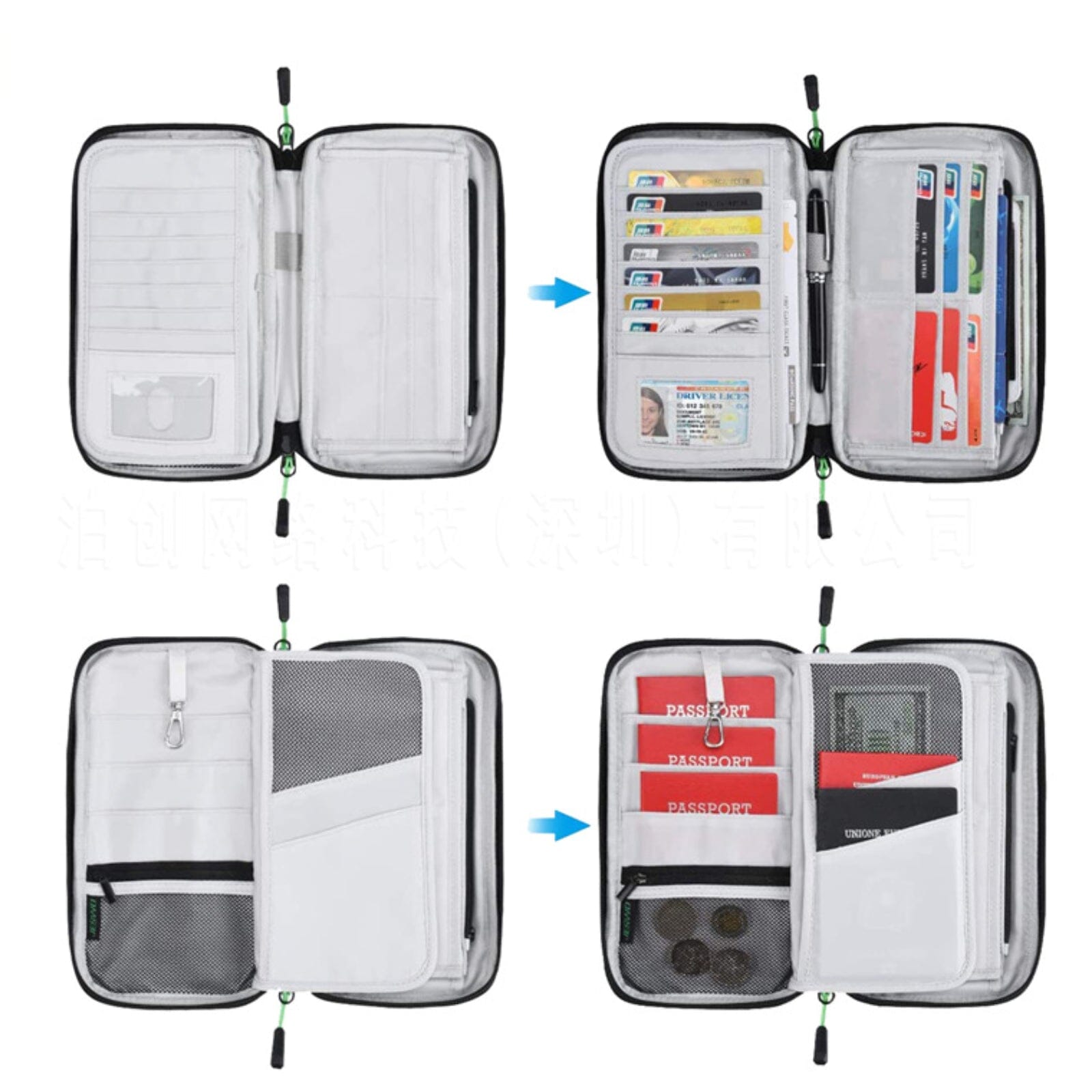 Vue de dessus du portefeuille avec passeports et cartes insérés