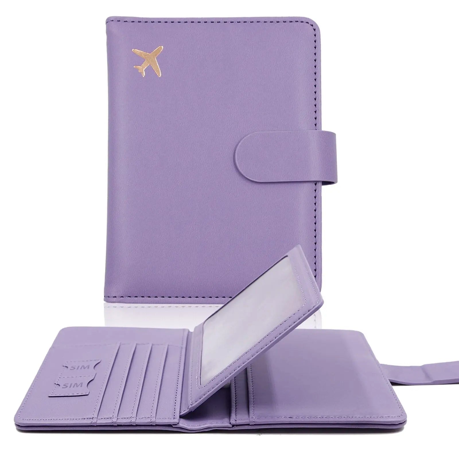 Portefeuille violet, ouvert, montrant l'organisation intérieure