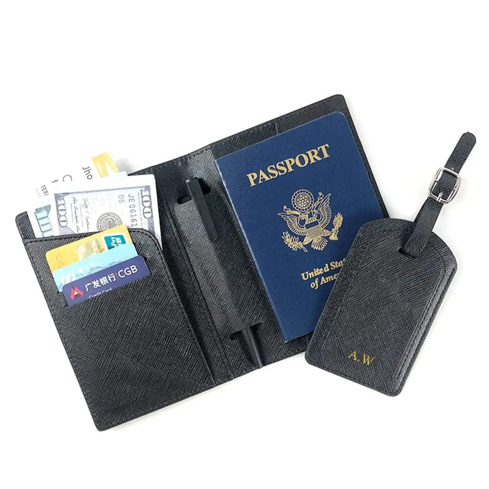 Ensemble noir étiquette valise et portefeuille en cuir synthétique