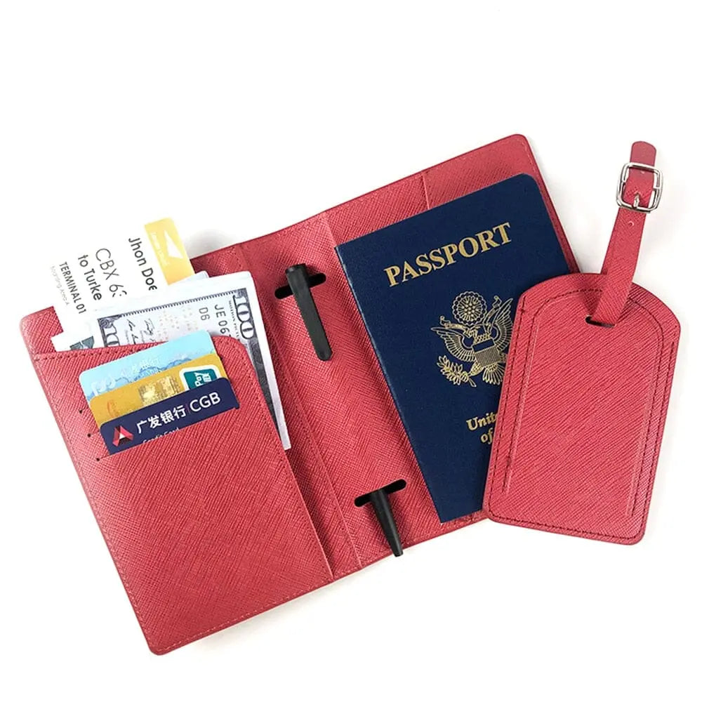 Version rouge de l'ensemble étiquette valise et portefeuille