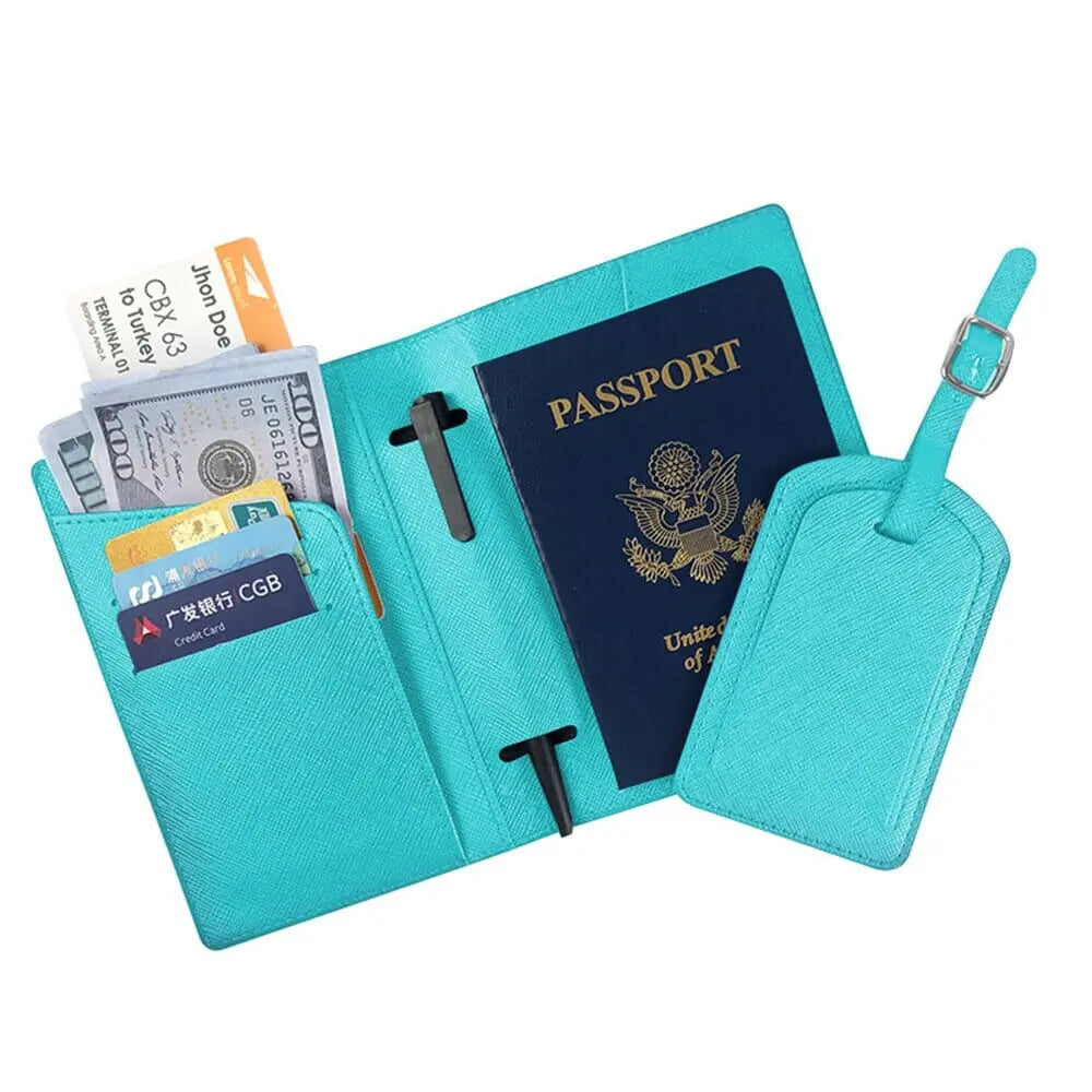Version turquoise de l'étiquette valise et portefeuille assorti