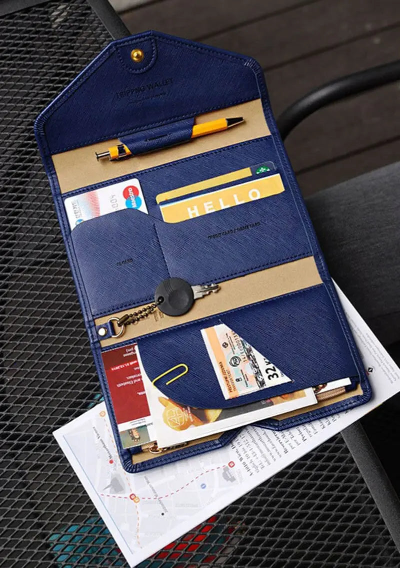Portefeuille de voyage ouvert montrant les compartiments pour cartes