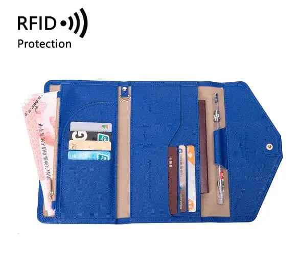 Portefeuille bleu avec emplacements pour cartes et passeport