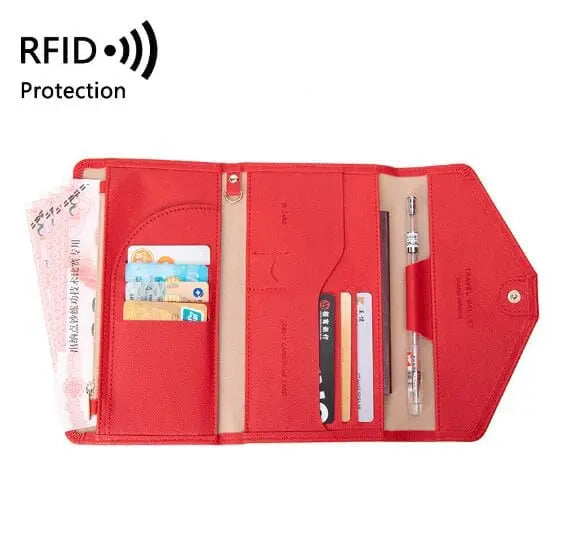 Portefeuille rouge avec compartiments pour monnaie et documents