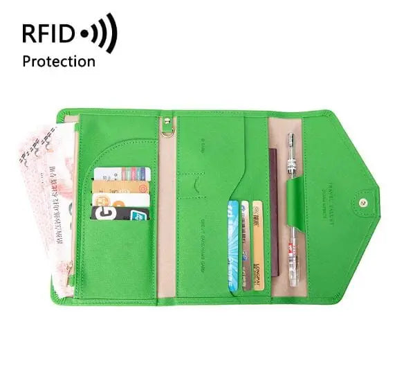 Portefeuille vert avec emplacements pour cartes et documents
