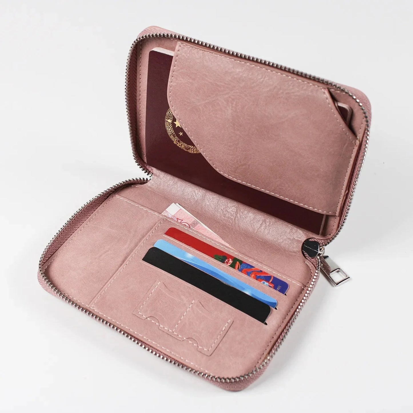 Portefeuille de voyage RFID ouvert montrant des compartiments