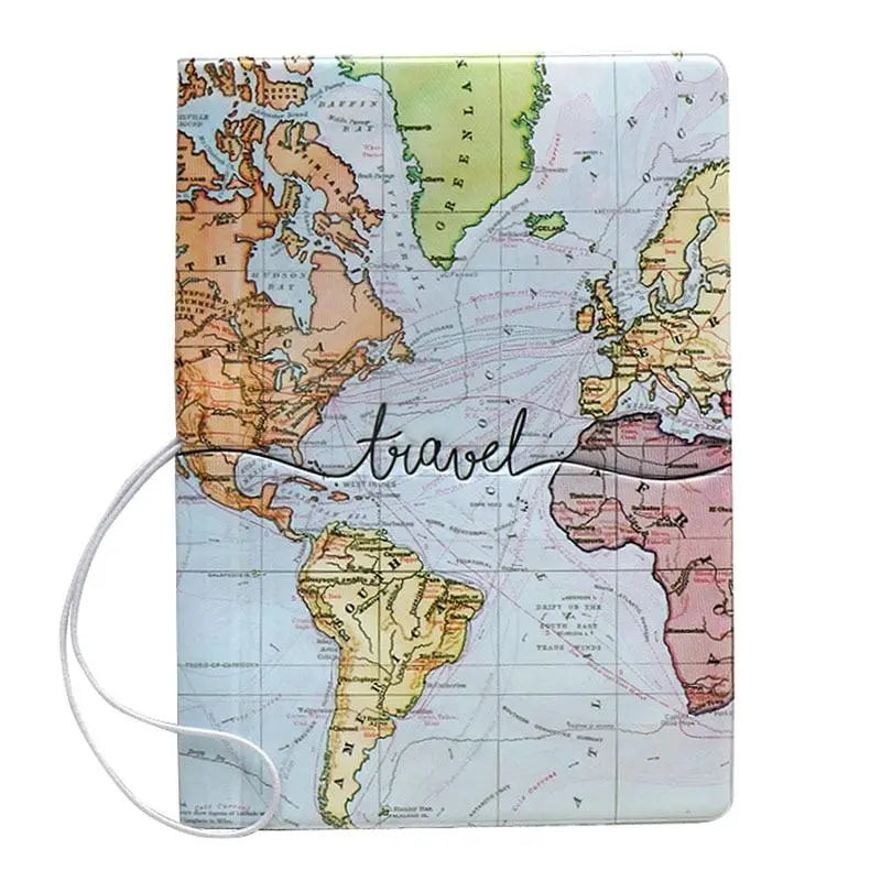 Détail du protège passeport avec carte du monde colorée