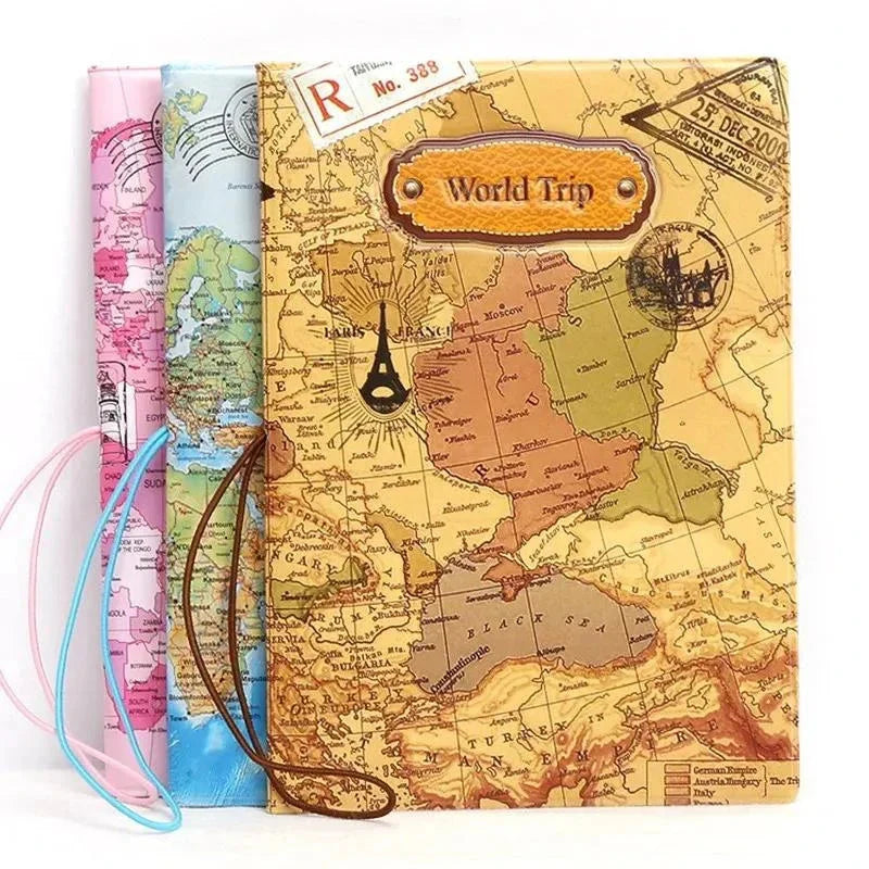 Protège-passeport avec motif carte du monde et élastique de fermeture