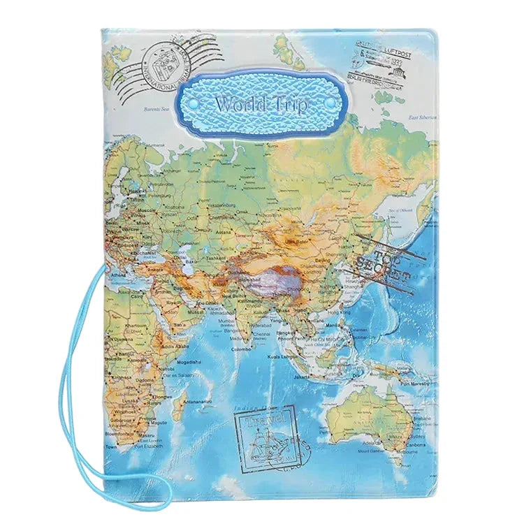 Protège-passeport bleu avec motif carte du monde et fermeture élastique