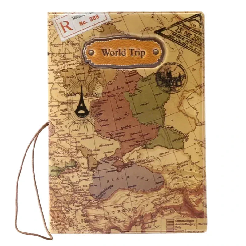 Protège-passeport marron avec carte du monde en relief