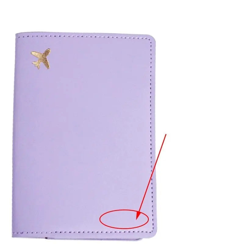 Protège-passeport violet, motif avion doré, élégant et robuste