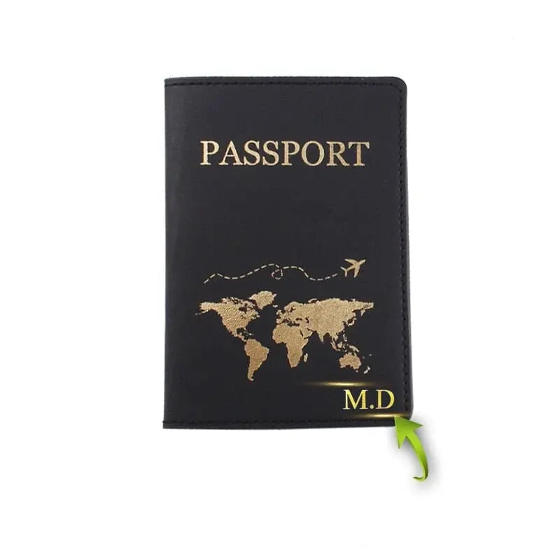 Étui passeport noir avec design avion et globe