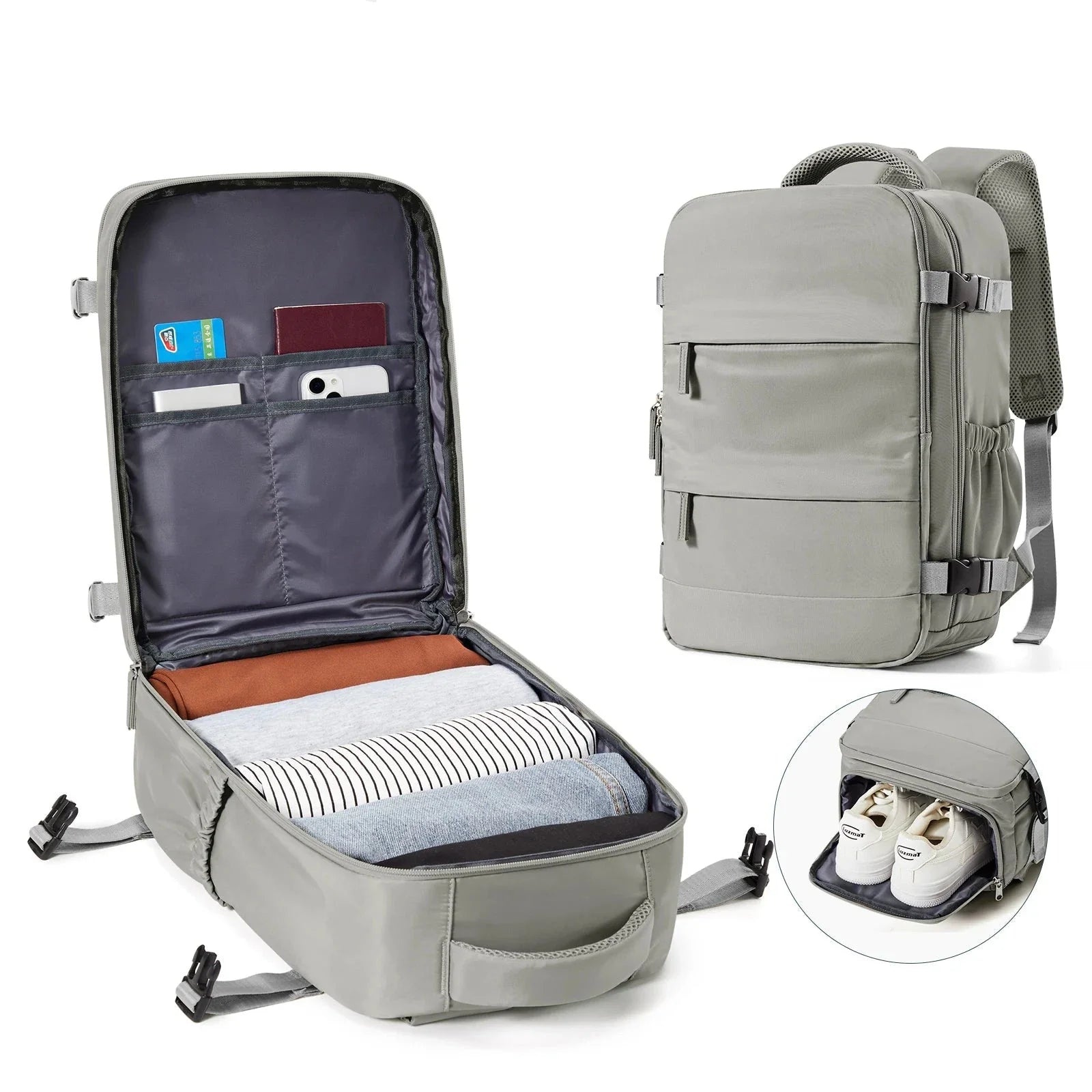 Sac à dos gris, compartiment principal ouvert