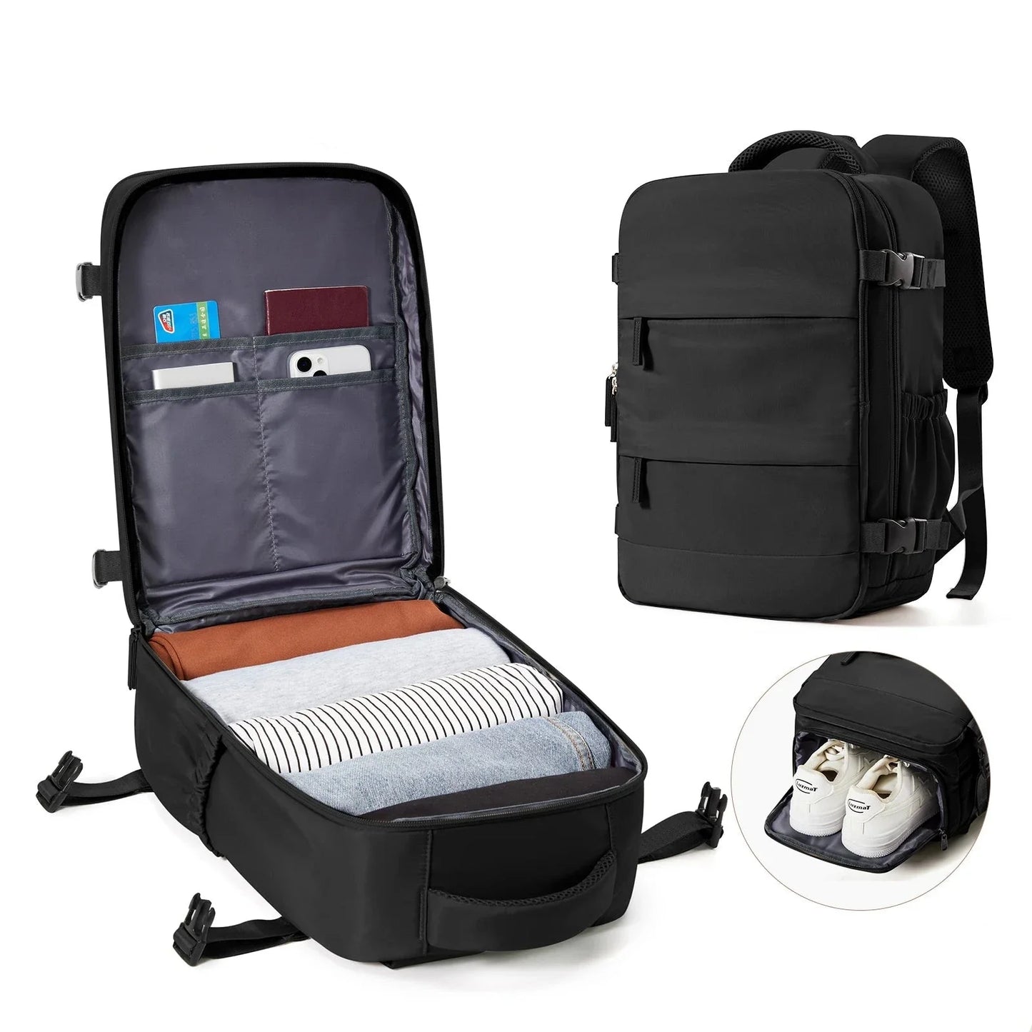 Sac à dos noir avec multiples compartiments visibles