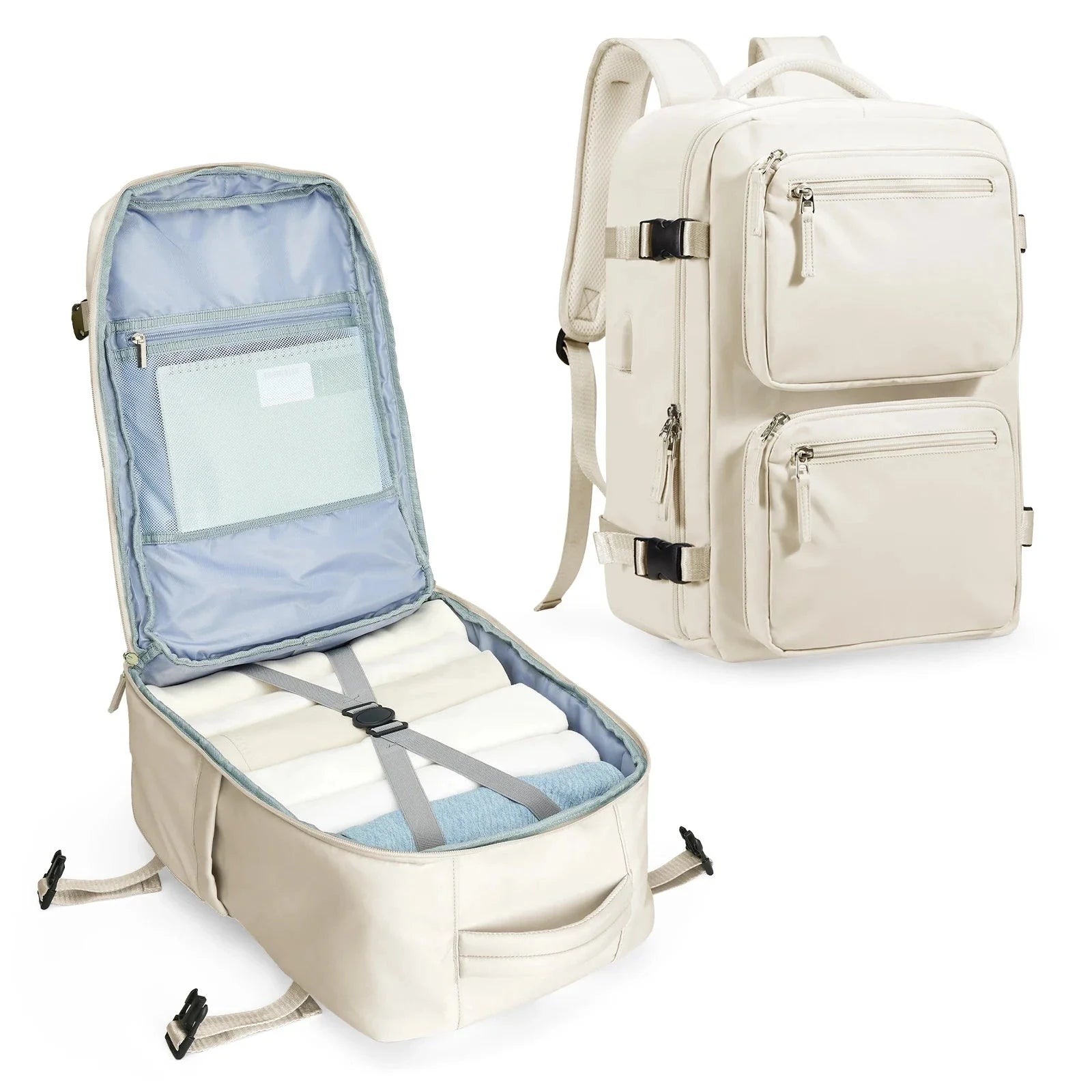 Sac à dos beige avec ouverture 180° et poche anti-pickpocket
