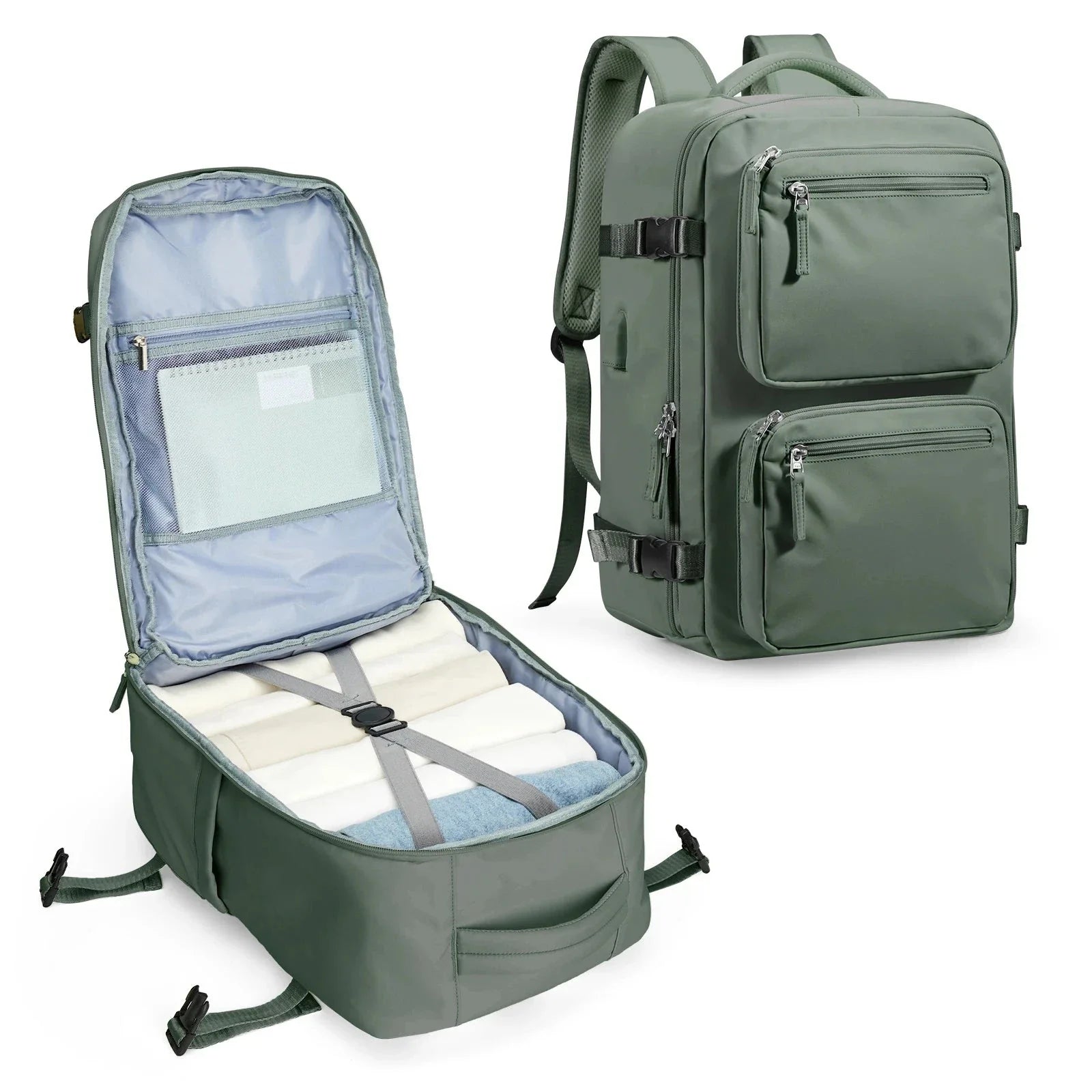Sac à dos vert foncé, idéal pour cabine avion