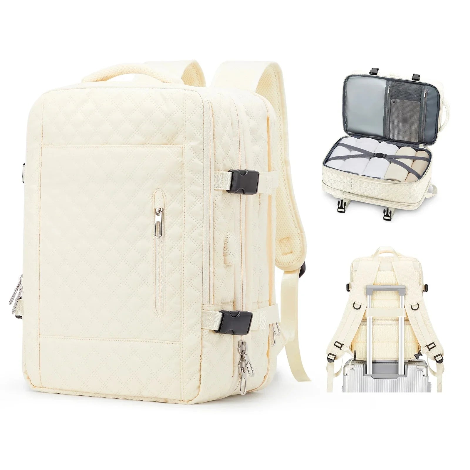 Sac à dos beige matelassé, vue latérale, tissu imperméable