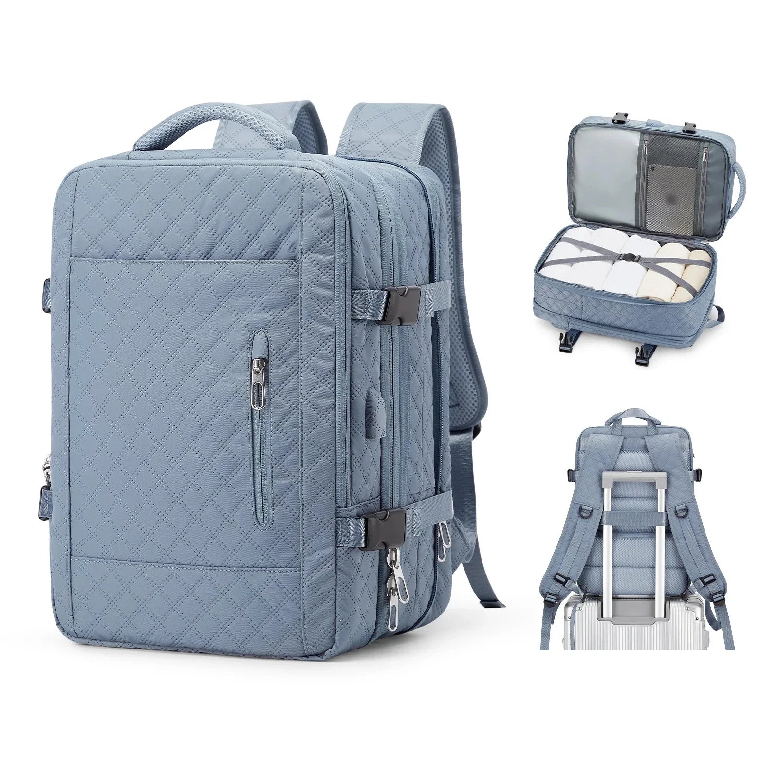 Sac à dos bleu ciel, design élégant, sangle trolley visible
