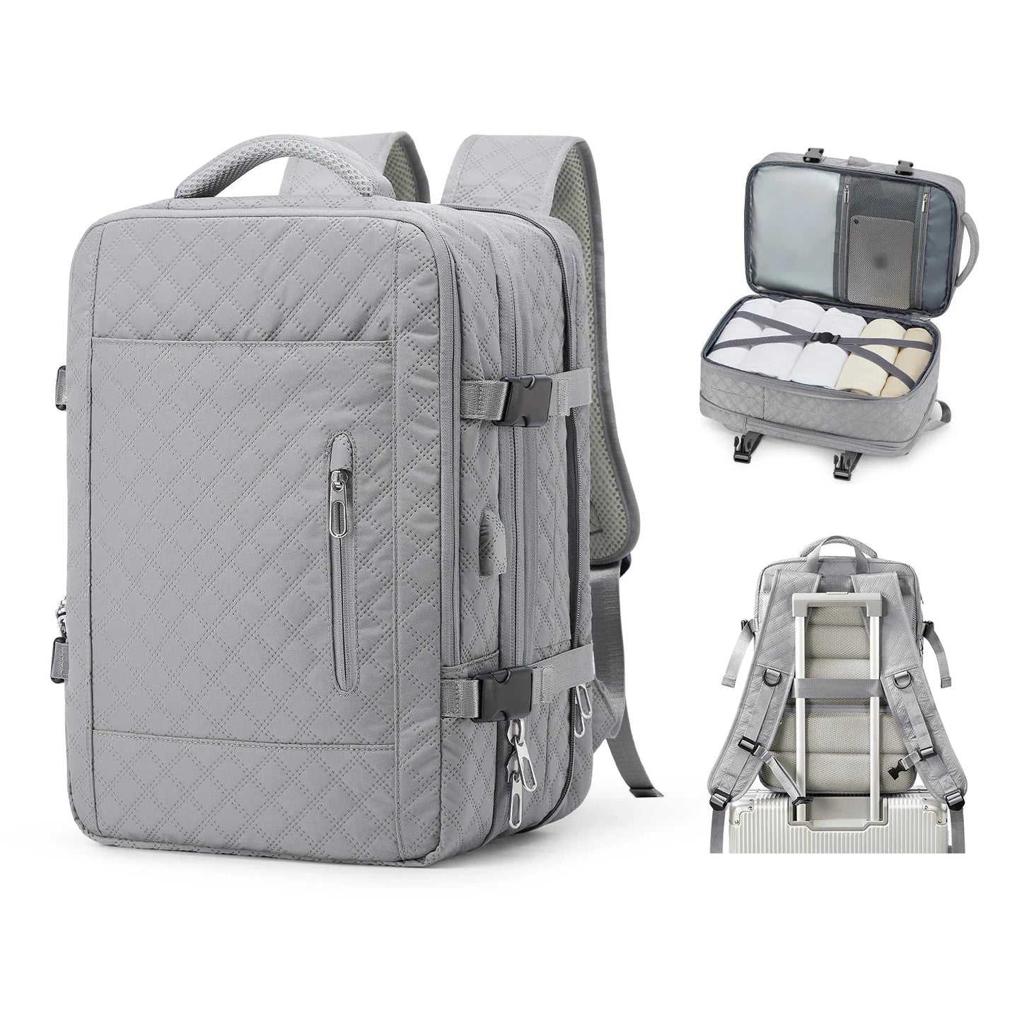 Sac à dos gris matelassé, vue arrière, poche secrète intégrée