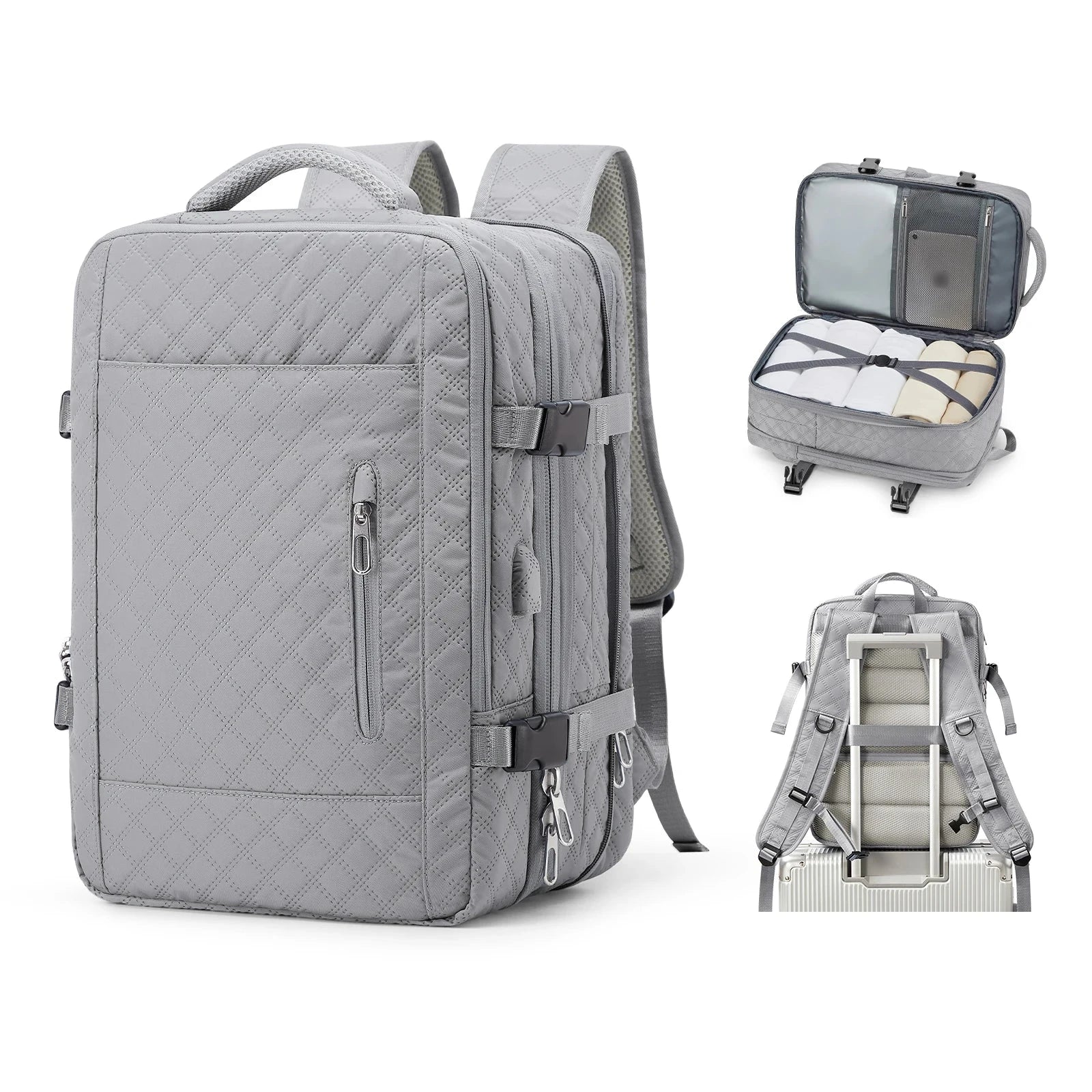 Sac à dos gris matelassé, vue arrière, poche secrète intégrée