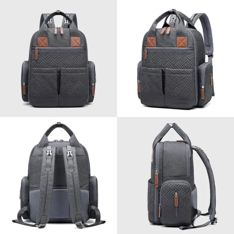 Sac à langer porté en sac à dos, montrant le confort des bretelles
