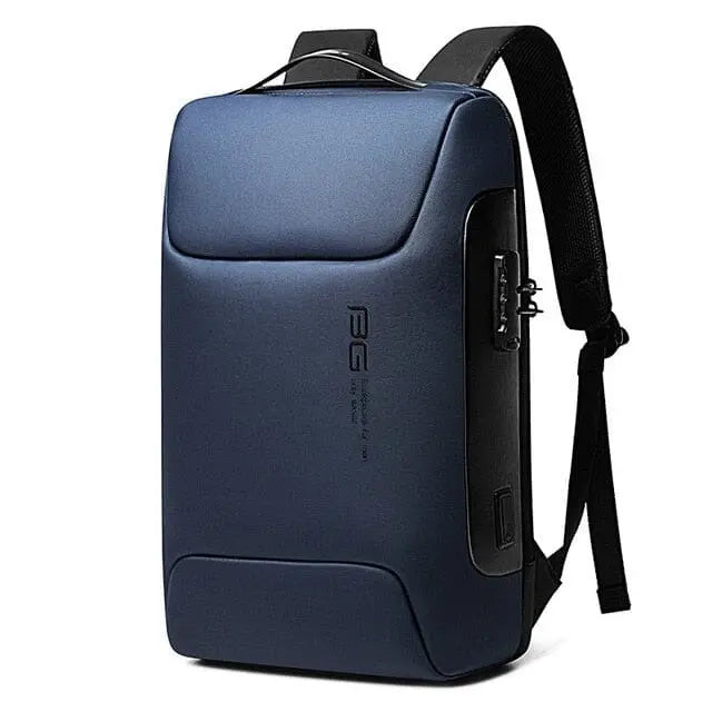 Sac à dos antivol bleu avec port USB, vue de profil