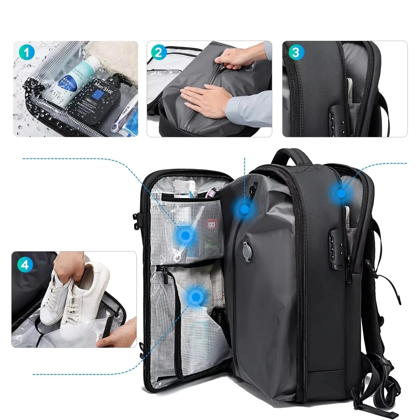 Gros plan sur la serrure à code à 3 chiffres du sac