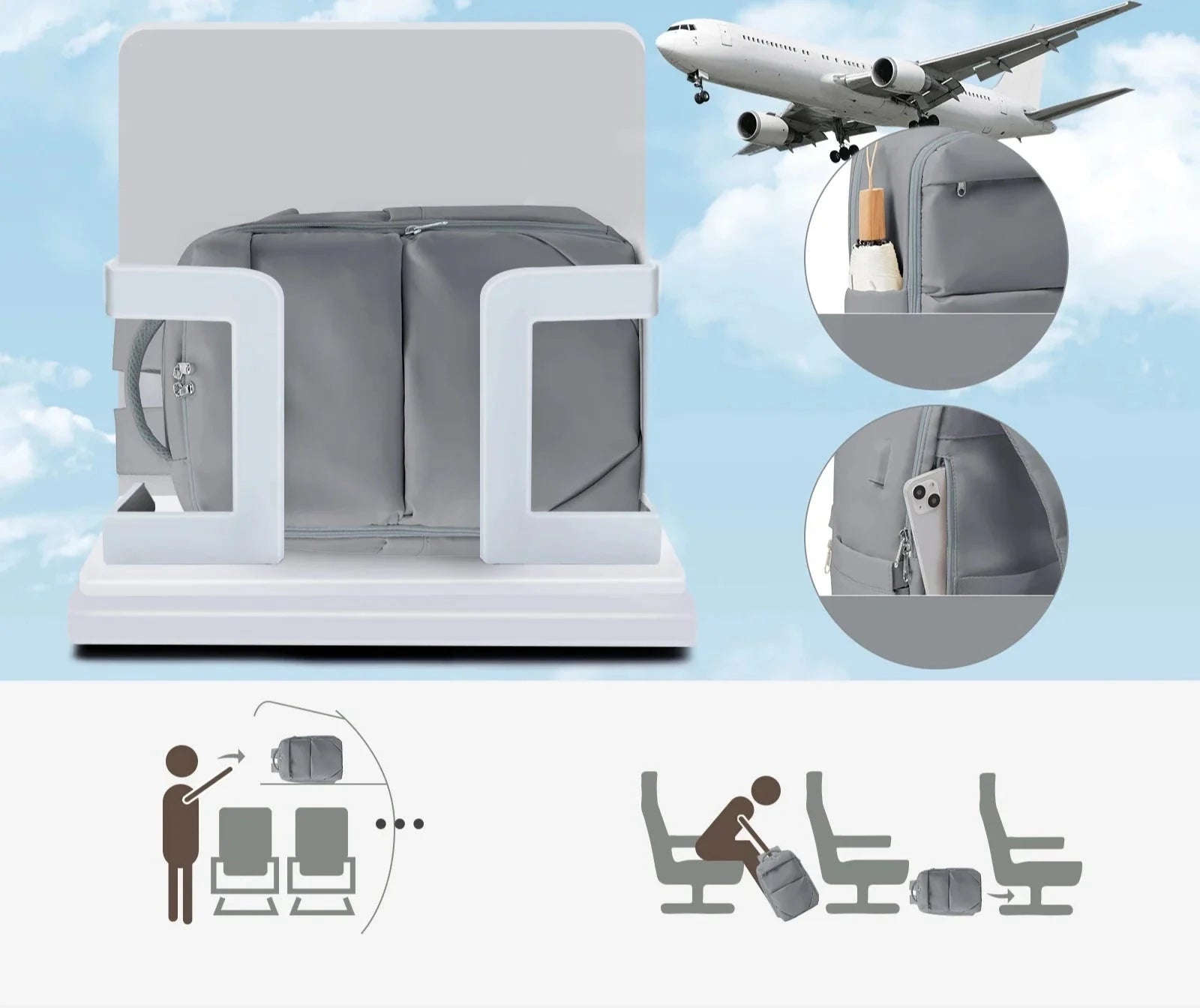 Sac à dos noir avec multiples compartiments et port USB intégré