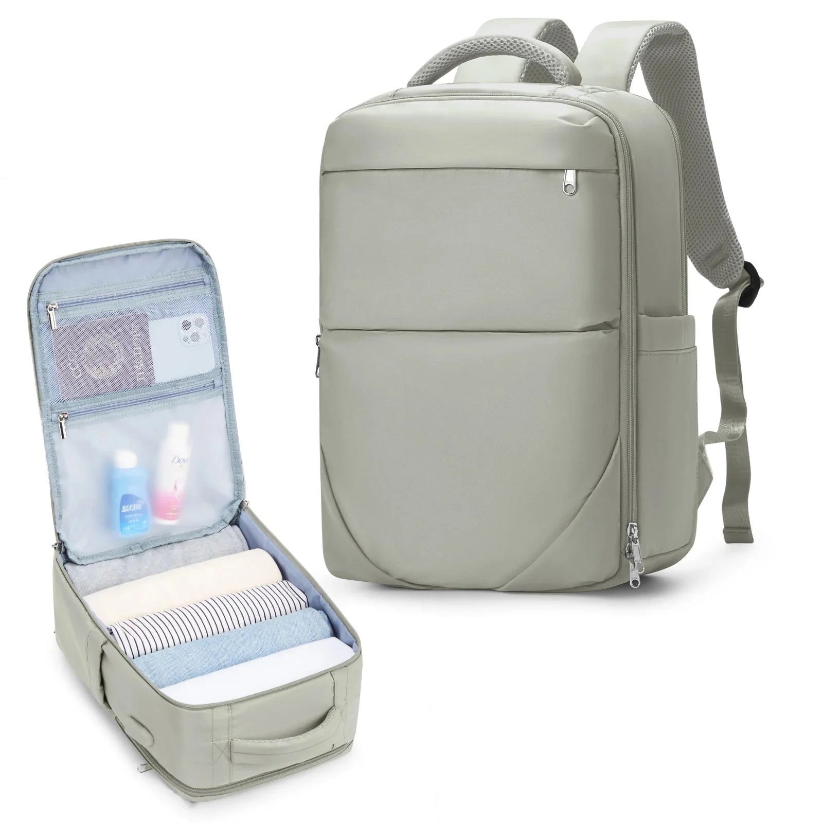 Sac à dos beige avec poche avant zippée et tissu imperméable