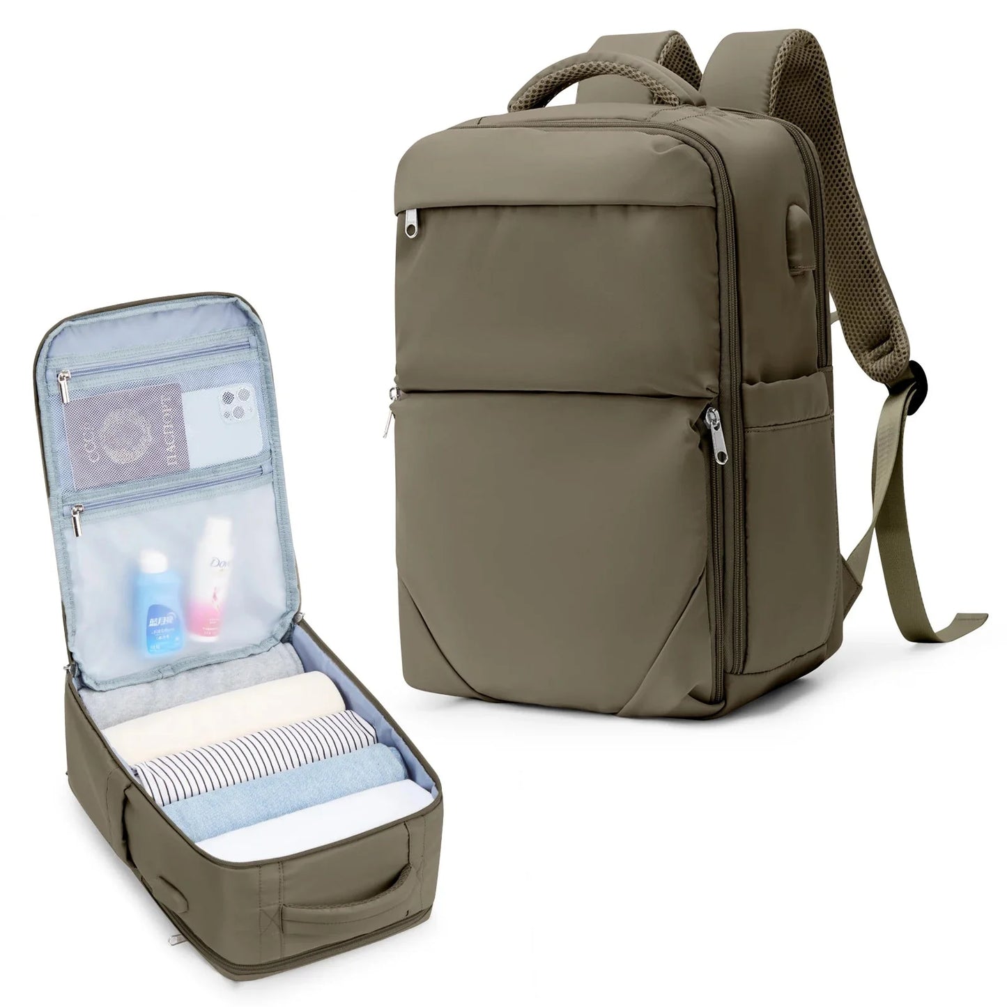 Sac à dos marron avec sangle pour valise et poche cachée