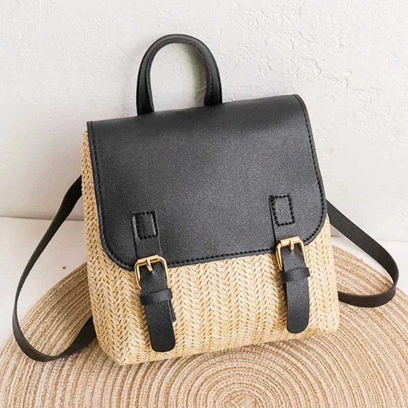 Sac à dos noir chic en paille tissée