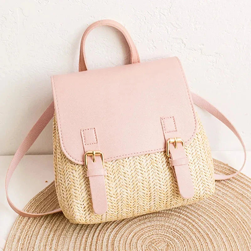 Sac à dos rose pastel en paille pour femme